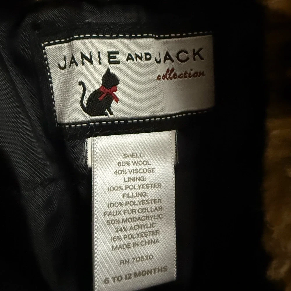 Janie and Jack Black Wool Blend Coat Leopard Faux‎ Fur Collar 6-12 Months Kids